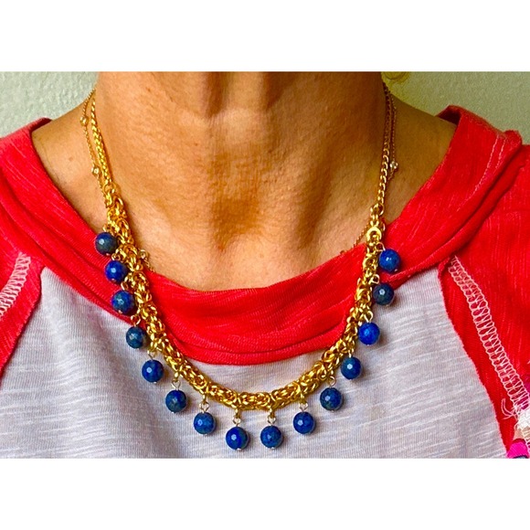 Jewelry - Gold Tone Chain Necklace with Lapis Lazuli Style Blue Bead Dangles